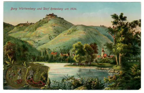 AK Künstlerkarte Stuttgart, Burg Württemberg und Dorf Rotenberg um 1534 , 11099