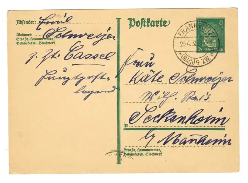 Ganzsache AK, Postkarte 1930 Frankfurt nach Seckenheim, 12001