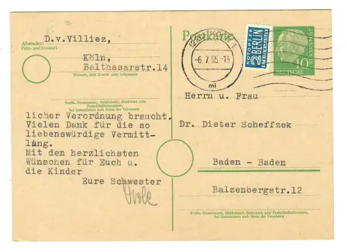 Ganzsache AK, Postkarte, 1955 Köln nach Baden-Baden, 11996