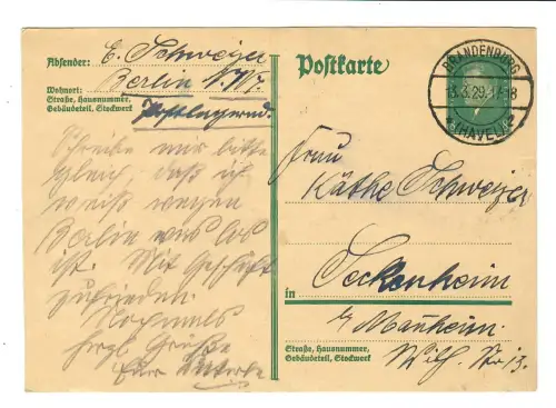 Ganzsache AK, Postkarte 1929 Brandenburg nach Seckenheim, 11999