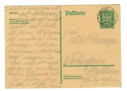 Ganzsache AK, Postkarte 1927 Stockach nach Seckenheim, 12003