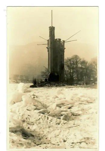 AK Bingen, Mäuseturm, Februar 1929, zugefrorener Rhein, 12037