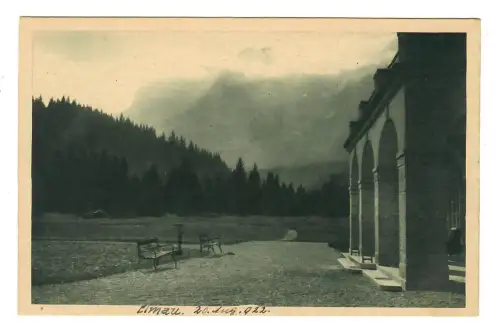 AK Krün, Schloss Elmau, Schlosseingang mit Wettersteinwand, 12205