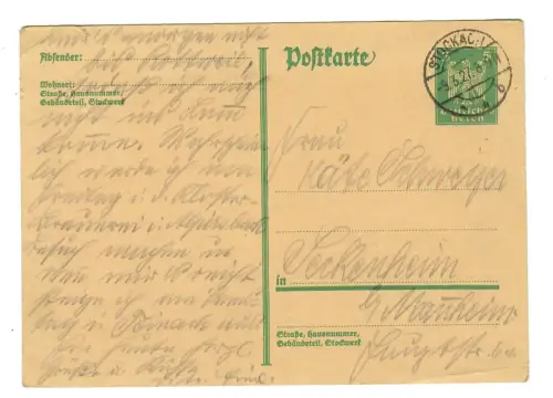 Ganzsache AK, Postkarte 1927 Stockach nach Seckenheim, 12003