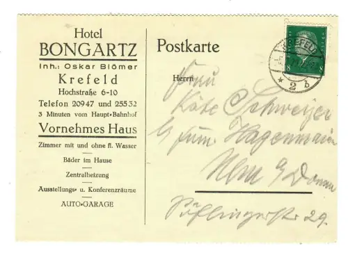 Ganzstück AK, Krefeld, Hotel Bongartz , 11986