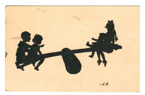 AK Scherenschnitt, Schattenbild, Kinder auf der Schaukel, 11912