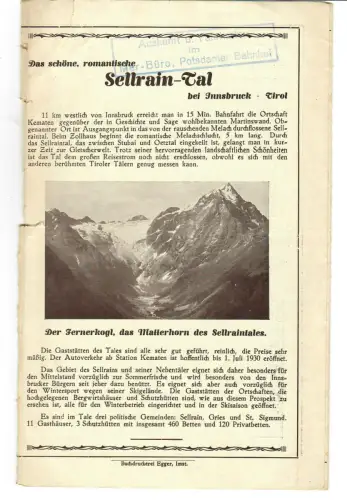 Prospekt Reiseprospekt SELLRAIN-TAL bei Innsbruck Tirol, 1930er Jahre, 479