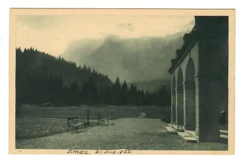 AK Krün, Schloss Elmau, Schlosseingang mit Wettersteinwand, 12205