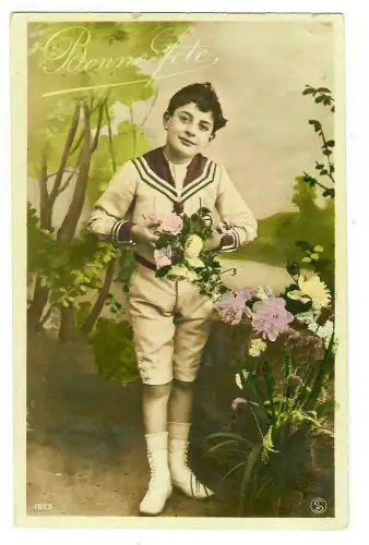 AK Geburtstag, Kleiner Junge mit Blumen, Matrosenanzug, koloriert, 20022