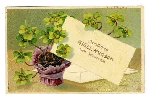 Präge AK Geburtstag, Blumentopf mit Glücksklee, 12168