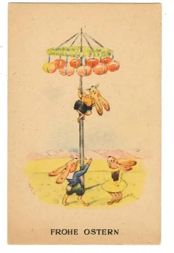 AK Ostern, Osterhasen mit Ostereierbaum, 30702