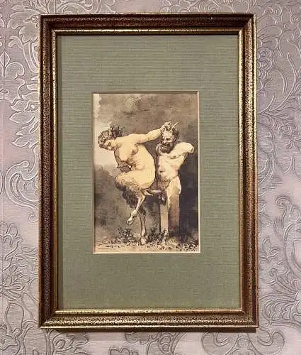 Erotik Kunstdruck 18. Jahrhundert „Nymphe & Satyr“ in antiken italienischen Holzrahmen