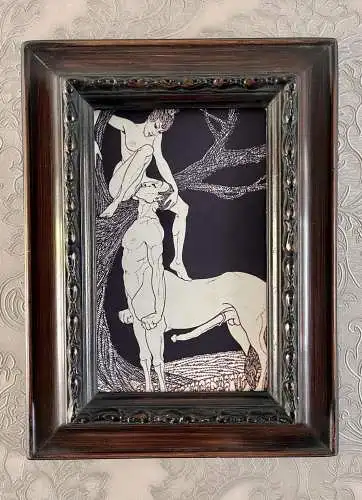 Erotischer Kunstdruck von A. Sassy 1911 „Centaur“ Cunnilingus in antiken Holzrahmen montiert 