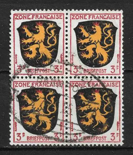 All. Bes. Franz. Zone 1945 Nr 2 im Viererblock mit Bahnpoststempel Gebraucht