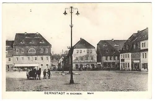 [Lithographie] AK Bernstadt in Sachsen. auf dem Eigen, Markt, Pferdefuhrwerk, Fahrrad, bs