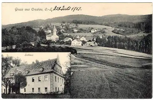 [Lithographie] AK Gruss aus Crostau O.-L., 2-Bild, Schloss, Kirche, Ort, Schirgiswalde 1913 07 28 DBG a. 85Ib n. Pfarrhaus Zöblitz, bs