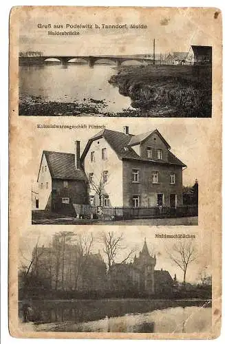 [Lithographie] AK Gruß aus Podelwitz 3-Bild Muldenbrücke, Pönisch, Schlößchen, ungel.