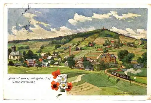 [Künstlerpostkarte Unikat gemalt/gezeichnet] AK Bieleboh Neuer Aussichtsturm Kleinbahn,1912 06 24 Beiersdorf a. 85I a n. Berlin
