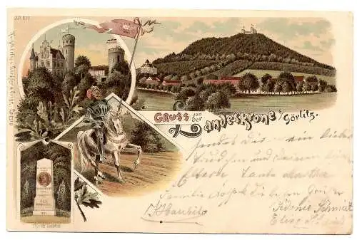 [Künstlerpostkarte Unikat gemalt/gezeichnet] AK Gruss v.d. Landeskrone, 4-Bild, Körner-Denkmal, 
1897 09 05 Kleinsaubernitz K1 (seltener Einkreisstempel) auf 46 a n. Spremberg
