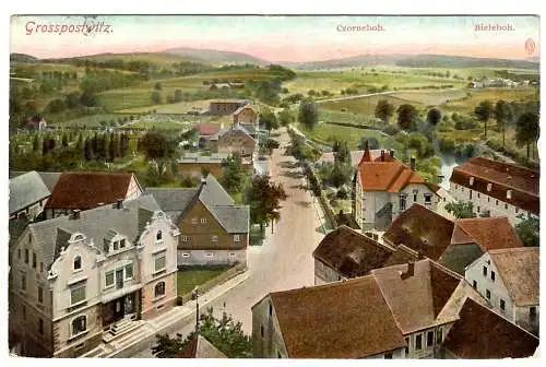 [Hand-Koloriert] AK Grosspostwitz. Czorneboh. Bieleboh,
1911 08 11 Grosspostwitz a DBG auf 85I a nach Radebeul.
Luftbild vom Kirchturm nach Osten