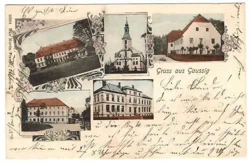 [Hand-Koloriert] Gruss aus Gaussig, 5-Bild, AK GAUSSIG K1 (seltener Einkreisstempel !) a. 85I n. Sohland
Schloss, Kirche, Schule