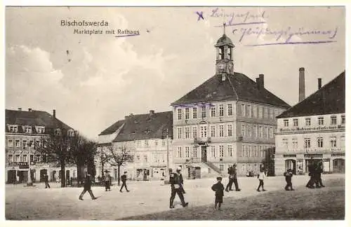 [Lithographie]  AK Bischofswerda Marktplatz mit Rathaus, Soldaten, Kinder