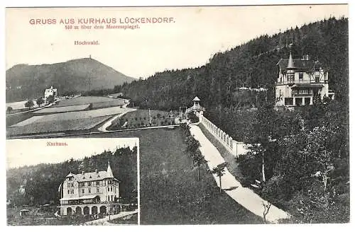 [Lithographie] Gruss aus Kurhaus Lückendorf, 510 m üverb den Meeresspiegel, Hochwald.
AK 1906 09 07 Lückendorf K1 a. 85I a-b n. Sebnitz, as