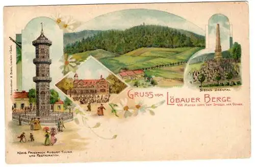 [Hand-Koloriert]  AK Gruss vom Löbau er Berge 456m, Friedrich-August-Turm, 4-Bild-Karte, color.