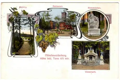 [Hand-Koloriert]   AK Mönchswalder Berg, Höhe incl. Turm 471 mtr., 4-Bild, Jugendstil, Austieg, Restaurant, Bismarckstein, Wasserwerk
