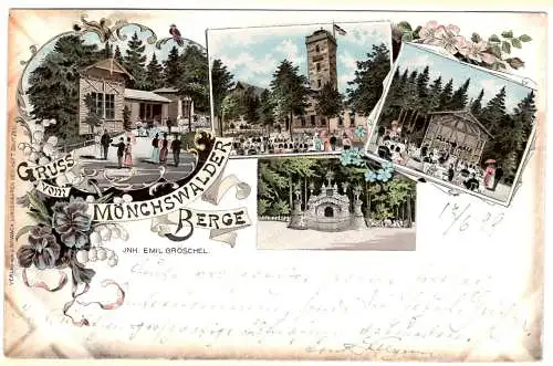 [Hand-Koloriert] AK Gruss vom Mönchswalder Berge, 4-Bild, 1899 06 13 Wilthen DBG a. 5 Pf n. Dresden
Gartenlokal, Aussichtsturm, Musikpavillion, Wasserwerk,
