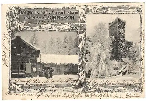 [Lithographie] Bergwirtschaft mit Aussichtsturm auf dem Czorneboh 572 m, 2-Bild, 