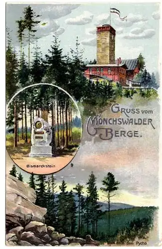 [Hand-Koloriert] Gruss vom Mönchwalder Berge, Bismarckstein, 2-Bild, Singwitz 1919 07 10 K1 a. 86II n. Wismar, as