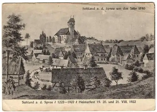 [Künstlerpostkarte Unikat gemalt/gezeichnet] Sohland a.d. Spree um das Jahr 1830, Heimatfest 19.-21.8.1922,  ungel.