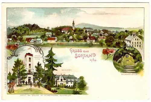 [Hand-Koloriert] Gruss aus Sohland a. Spree, 3-Bild, Turm, Bismarck, 1941 05 18 DB Ebersbach 1 auf 313 (2), 85, Ortsverkehr,