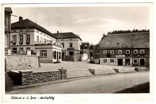 [Echtfotokarte schwarz/weiß] Sohland a. d. Spree - Marktplatz, um 1936, Bahnpoststempel Dresden-Reichenberg Kleinoval,