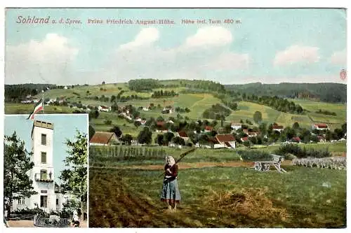 [Hand-Koloriert] Sohland s. d. Spree, Prinz Friedrich August Höhe incl. Turm 480 m, 2-Bild, 1910 05 18 DBG a. 85 I n. Dresden