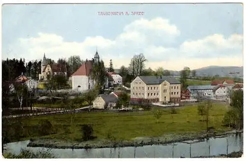 [Hand-Koloriert] Taubenheim A. Spree, Schloß, Kirche, Schule, 1919 04 06 DBG a. 86 II an Wilhem Wagner Leisnig