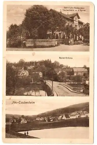 [Lithographie] Bahnhofs-Restaurant Adolf Berg, Spree-Brücke, Neu-Taubenheim, 3-Bild, Zug 821 Kleinoval, n. Heidenau