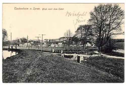 [Lithographie] Taubenheim a. Spree, Blick nach dem Teich, Brücken, Strietzels Haus, 1919 10 20 Soldatenbrief n. Arnsdorf 