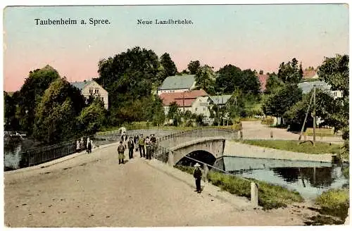 [Hand-Koloriert] Taubenheim a. Spree. Neue Landbrücke, Bevolkerung, 1909 11 20 K1 auf 85 I n. Großschweidnitz