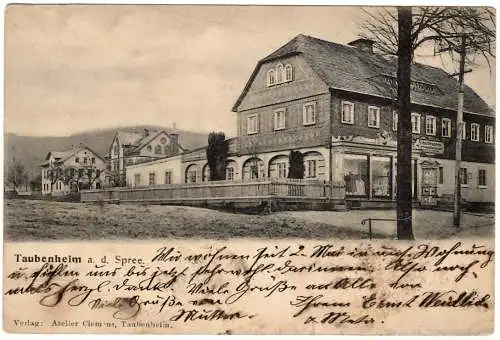 [Lithographie] Taubenheim a. d. Spree. Schnittwaren, Korbgeschäft, 1910 05 08 Sohland DBG a. 85 I nach Dresden