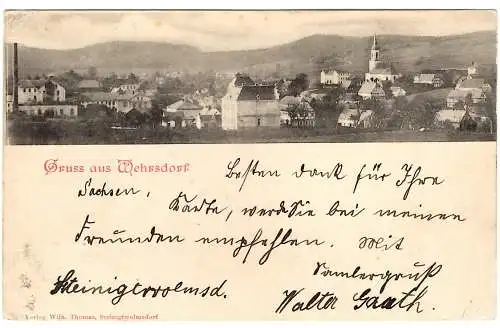 [Lithographie] Gruss aus Wehrsdorf, Augst-Villa, Schule, Kirche, Trockenturm, 1900 09 18 Steinigtwolmsdorf K 1 auf DR 55 nach Dornbirn Vorarlberg