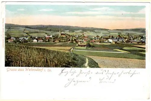 [Hand-Koloriert] Gruss aus Wehrsdorf i. Sa., Blick ins Mitteldorf nach Norden, 1910 09 13 DBG auf DR 85 I nach Rammenau