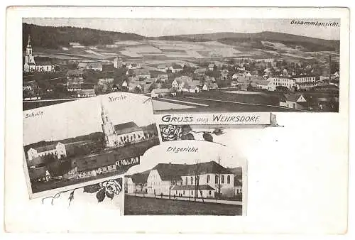 [Lithographie] Gruss aus Wehrsdor,f Gesamt, Schule, Kirche, Erbgericht mit Kegelbahn, 3-Bild, ungel.