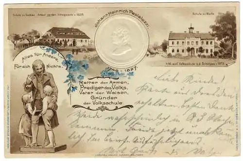 [Künstlerpostkarte Unikat gemalt/gezeichnet] Pestalozzi Gedenken, Prägung Bildnis, 4-Bild, Rachlau, Weifa, 1901 05 21 Meerane DBG auf DR 55 nach Pulsnitz