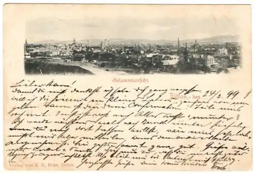 [Lithographie] Gesamtansicht Zittau, 1890 02 23 DB auf DR 48 nach Bautzen
