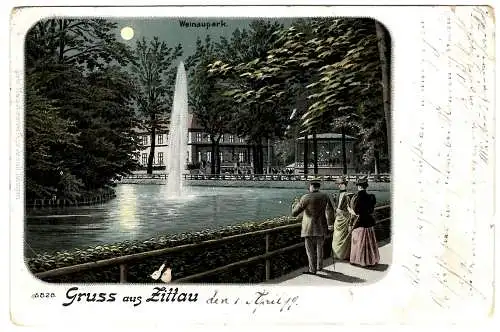 [Hand-Koloriert] Gruss aus Zittau, Weinaupark, 1890 04 01 nach Schönau b. Schluckenau 1890 04 02 K1, Böhmen