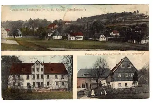 [Hand-Koloriert] Gruß aus Taubenheim a. d. Spree (Niederdorf), Schloß, Fleischerei, 3-Bild, ungel.