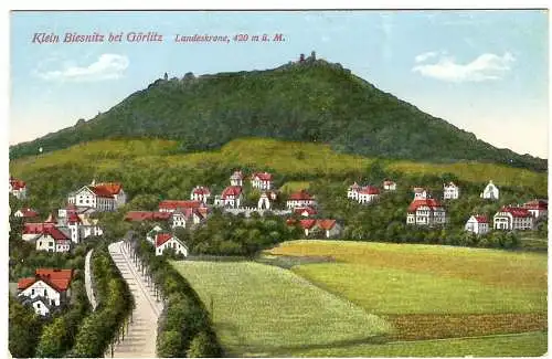 [Hand-Koloriert] Klein Biesnitz bei Görlitz, Landeskrone 420 m ü. M., ungel.