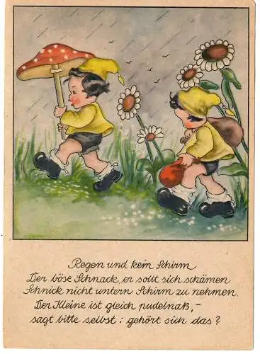 [Künstlerpostkarte reproduziert] Schnick und Schnack, Regen und kein Schirm, ungel.